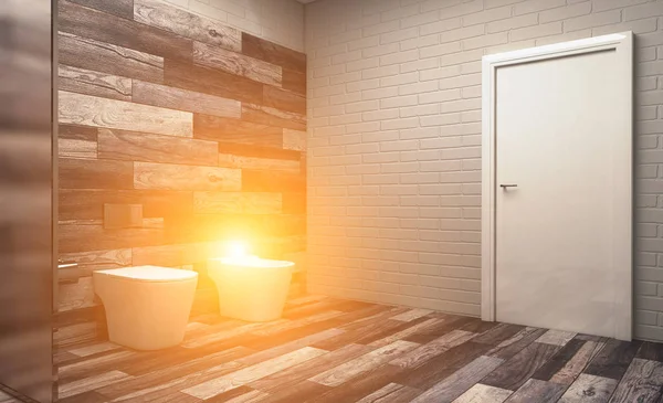 Spacious Bathroom Gray Tones Heated Floors Freestanding Tub Rendering Sunset — Stock Photo, Image