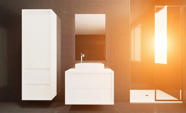 Mozaik Duvarları Gri Modern Banyo Havlu Ile Duran Banyo Render — Stok fotoğraf