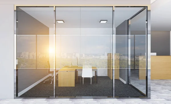 Open space office interior with like conference room. Mockup. 3D rendering.. Sunset