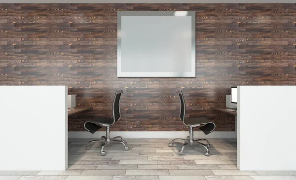 Frontansicht Eines Büroinnenraums Mit Einer Reihe Dunkler Holztische Rendering Leere — Stockfoto