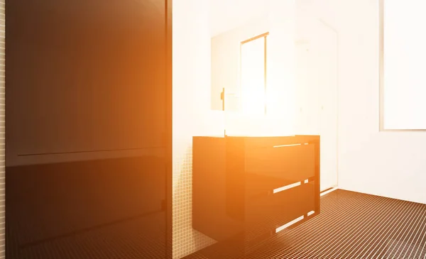 Mosaikwände Freistehende Badewanne Mit Handtüchern Grauen Modernen Badezimmer Darstellung Sonnenuntergang — Stockfoto