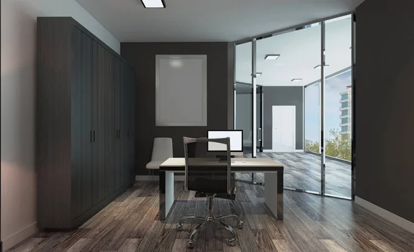 オープン スペースと会議室のようなオフィスのインテリア モックアップ レンダリング 空の絵画 — ストック写真