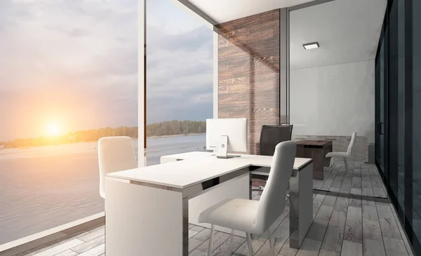 Modern office Cabinet. Meeting room. 3D rendering. Sunset