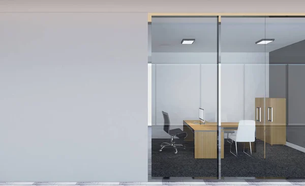 Front View Office Interior Row Dark Wood Tables Rendering — Stock Photo, Image