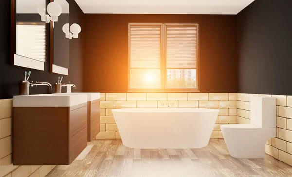 Bagno Moderno Con Ampia Finestra Rendering Tramonto — Foto Stock