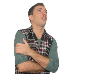 seyir yorgun ve bıkkın depresyon sorunları olan genç adam. Beyaz bir arka plan üzerinde izole.