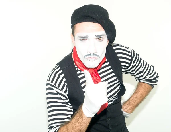 Mime Man Visar Ett Finger Sista Chansen Isolerad Vit Bakgrund — Stockfoto