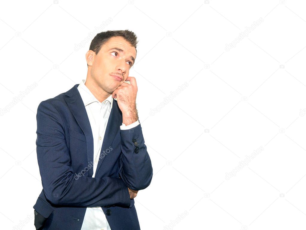 Portrait of man  touching chin while thinking and looking with  worried look , Isolated on a white background.