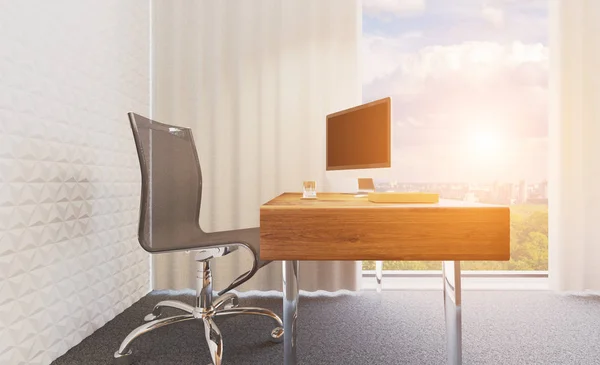 View of the workplace of the top manager of the company. Modern office with large panoramic windows. Glass partitions. 3D rendering. Sunset. mockup