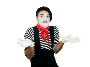 Omuzlarında shrugging ve kameraya bakarak yanlış anlama genç mim. Beyaz arka plan üzerinde izole