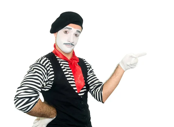 Grijnzende Mime Wijzen Opzij Geïsoleerd Witte Achtergrond — Stockfoto