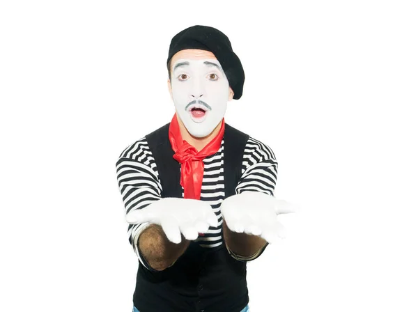 カメラを見て不思議に思った Mime 人間の肖像画 感情や感情の概念 白背景 — ストック写真