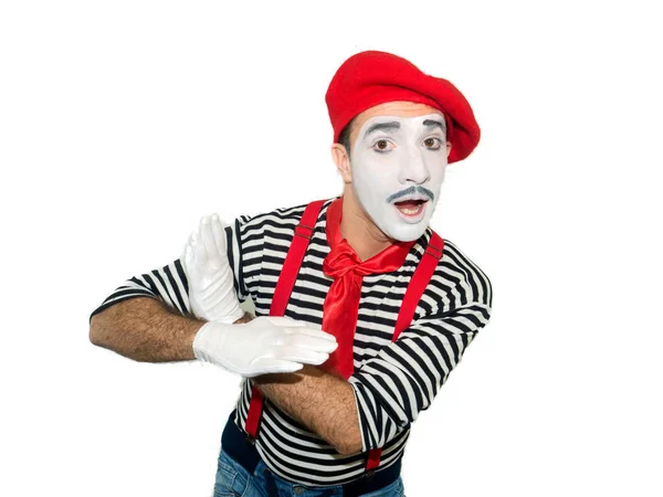 Smiling Mime Holds His Palms Bird Isolated White Background — Stock Photo, Image