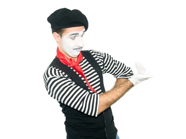 Grimacing Mime Pointing Aside Isolated White Background — Stock Photo, Image