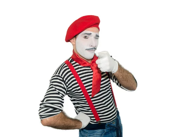 Glada Mime Isolerade Vitt Mannen Som Pantomim Skådespelare Visar Tecken — Stockfoto