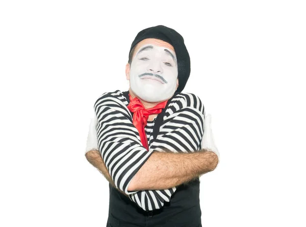 Joyeux Mime Serrant Dans Ses Bras Isolé Sur Fond Blanc — Photo