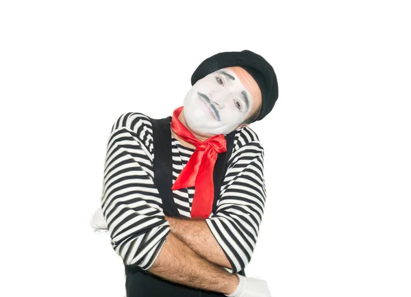 Gelukkig Mime Knuffelen Zelf Geïsoleerd Witte Achtergrond — Stockfoto