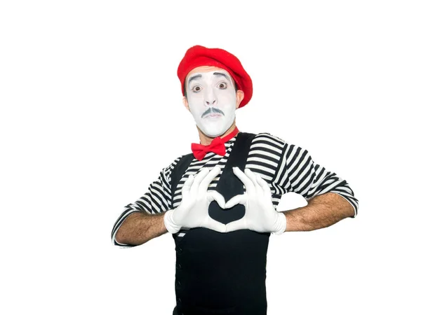 手で愛の兆しを見せストライプ セーター 白手袋で男 道化師 アーティスト Mime 白い背景に分離 — ストック写真