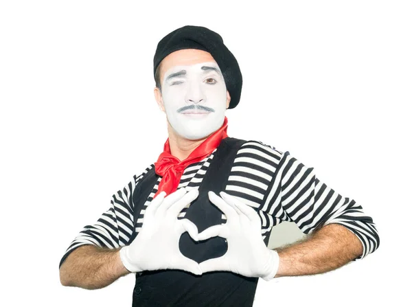 Homme Pull Rayé Gants Blancs Montrant Signe Amour Main Clown — Photo
