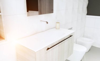 Kahverengi duvarlar ve beyaz fayans banyo. Gri mobilya. Büyük iç kapı. 3D render. Mockup. Günbatımı