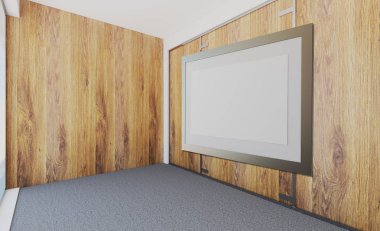 Boş ofis ahşap duvarlar ve büyük bir pencere. İş geçmişi 3d render. Boş Resim Sergisi. mockup