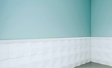 Mavi duvar ve beyaz fayans boş banyo iç. 3D render. Mockup
