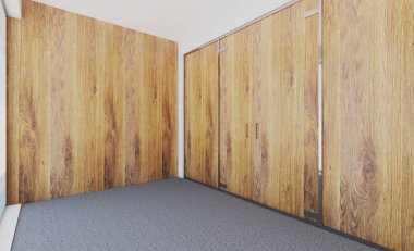 Boş ofis ahşap duvarlar ve büyük bir pencere. İş geçmişi 3d render. mockup