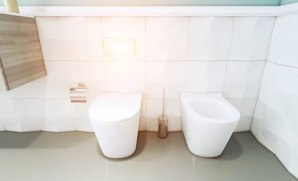 Vista Del Inodoro Bidet Moderno Baño Paredes Azules Representación Burlarse — Foto de Stock