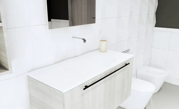 Banheiro Com Paredes Castanhas Azulejos Brancos Mobília Cinzenta Porta Interior — Fotografia de Stock