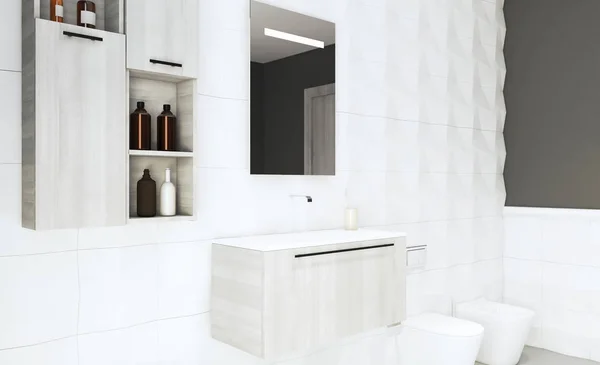 Modern light furniture. Spacious large bathroom.. 3D rendering. Mockup