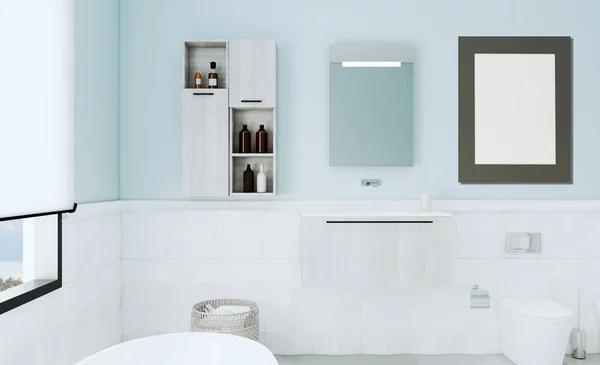 Blue bathroom with modern furniture and decorative tiles. 3D rendering. Mockup. Blank paintings.