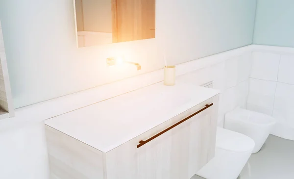 View Sink Bathroom Blue Walls White Tiles Rendering Mockup Sunset — Stock Photo, Image