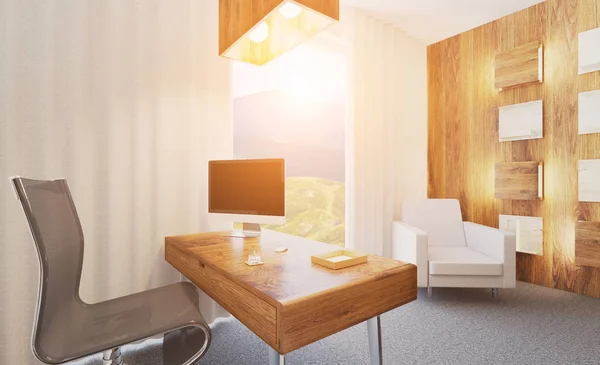 View of the workplace of the top manager of the company. Modern office with large panoramic windows. Glass partitions. 3D rendering. Sunset. mockup