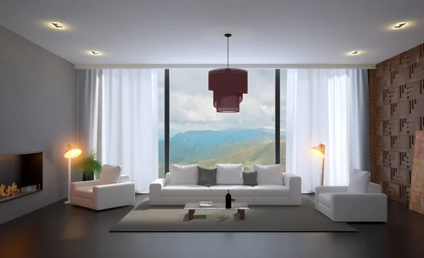 Sala de estar con gran ventana y chimenea. Renderina 3D — Foto de Stock