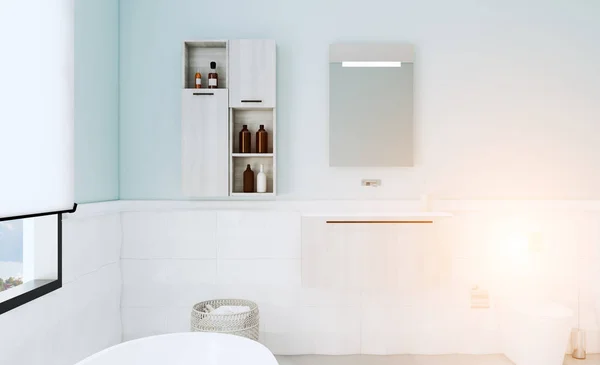 Salle de bain bleue avec mobilier moderne et carreaux décoratifs. 3D ren — Photo