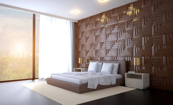 Ελαφρύ, χαριτωμένο και άνετο σπίτι υπνοδωμάτιο εσωτερικό. 3D rendering. Ηλιοβασίλεμα — Φωτογραφία Αρχείου