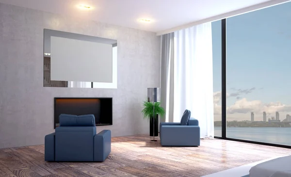 Modern grey bedroom interior. 3D rendering. Blank paintings — Stock Photo, Image