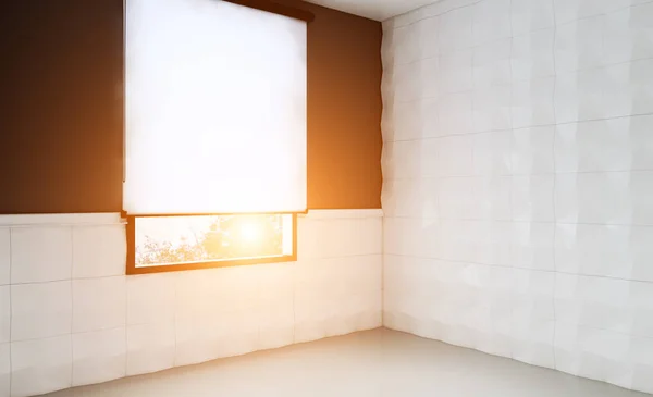 큰 창 빈 인테리어입니다. 갈색 벽, 흰색 타일입니다. 3d 로열티 프리 스톡 사진