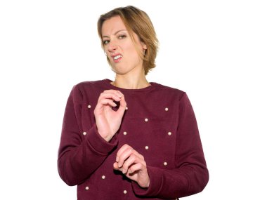 Portre tiksinti genç kız. İnsani duygular negatif. İzole