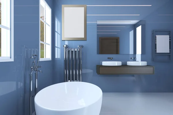 Ванная комната с большим зеркалом, стальным радиатором и широкими раковинами. — стоковое фото