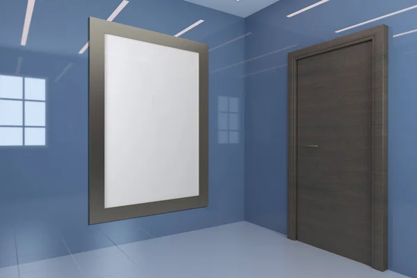 Interior vazio de casa de banho azul com paredes brilhantes. Porta castanha .. — Fotografia de Stock