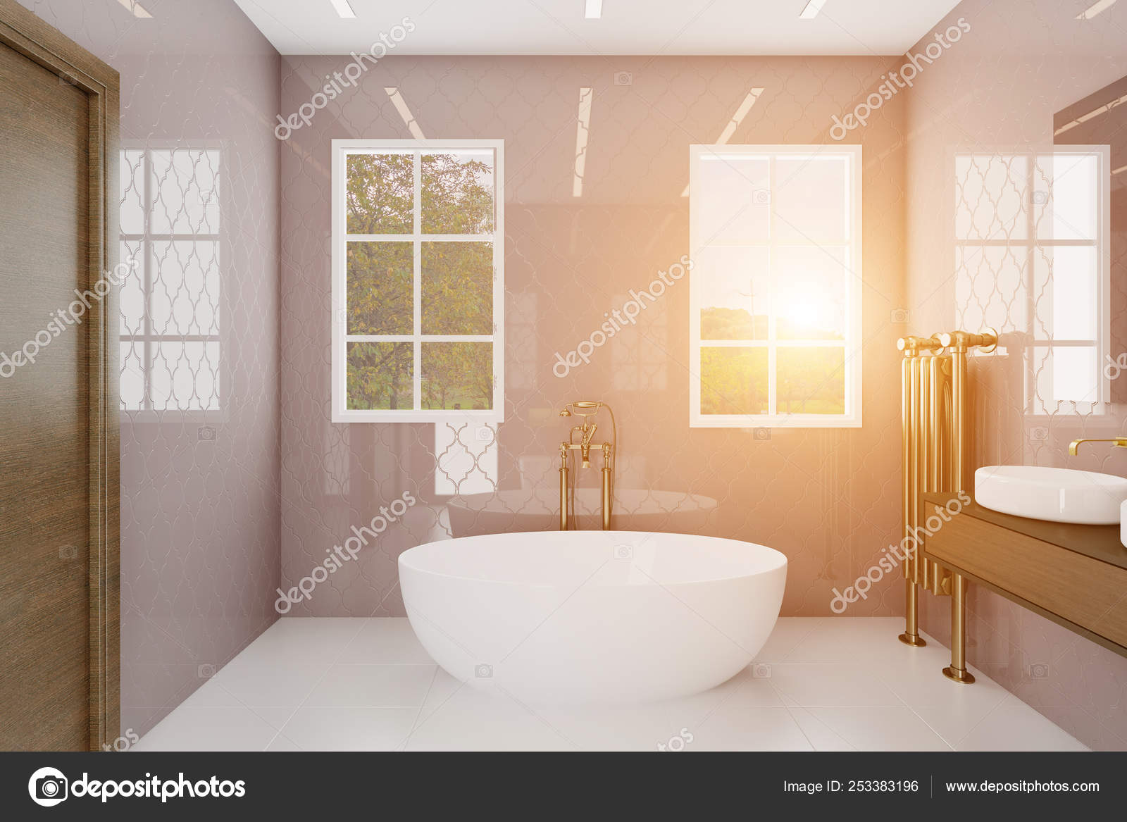 Bathroom With Large Windows And Decorative Purple Tiles Golden