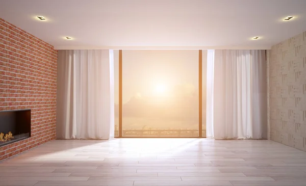 Boş oturma odası ile ahşap ve tuğla duvarlar. Büyük pencere. Moder