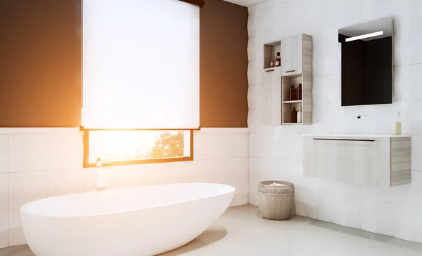 Vue sur la salle de bain avec une grande fenêtre couverte d'un rideau. 3D — Photo