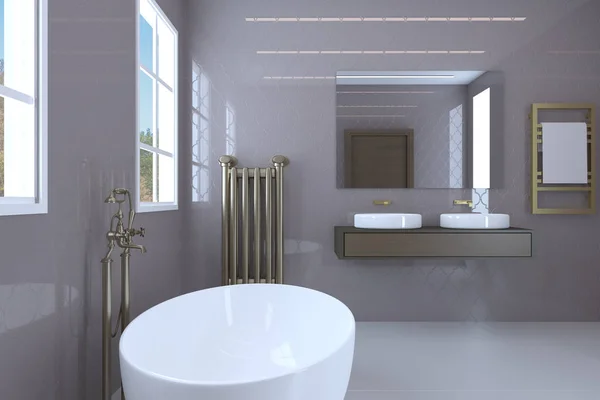 Modern bathroom in pink color. Large windows and classic plumbin — Stock Image Modern bathroom in pink color. Large windows and classic plumbin Stock Image