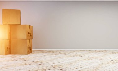 Kutular dolusu eşyayla iç mekan. Genç bir aileyi yeni bir ho'ya taşımak