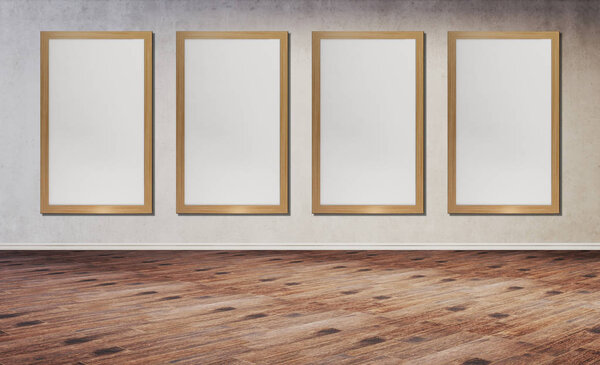 Empty modern room with a large window. Old light bulbs. Floor of shabby parquet. Concrete wall.. 3D rendering. Sunset