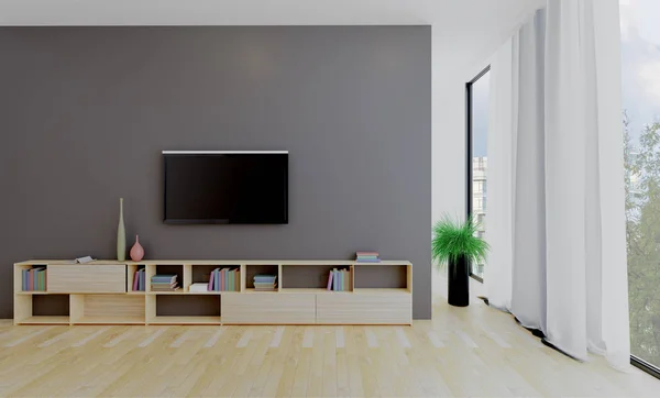 Het interieur is een modern kantoor met een grijze muur en lichte meubel — Stockfoto