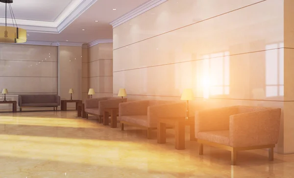 The interior of the large lobby with marble walls in the hotel. Stock Photo