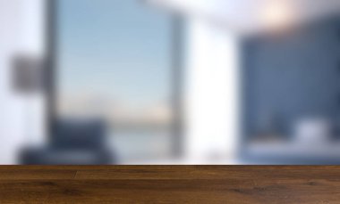 Modern gri yatak odası iç. 3d render. ahşap masa